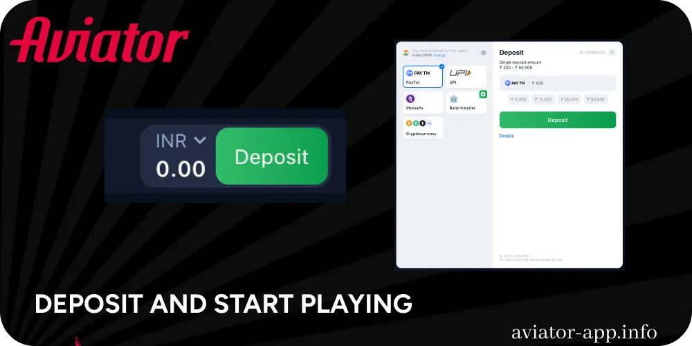 Deposit funds and start playing Aviator game