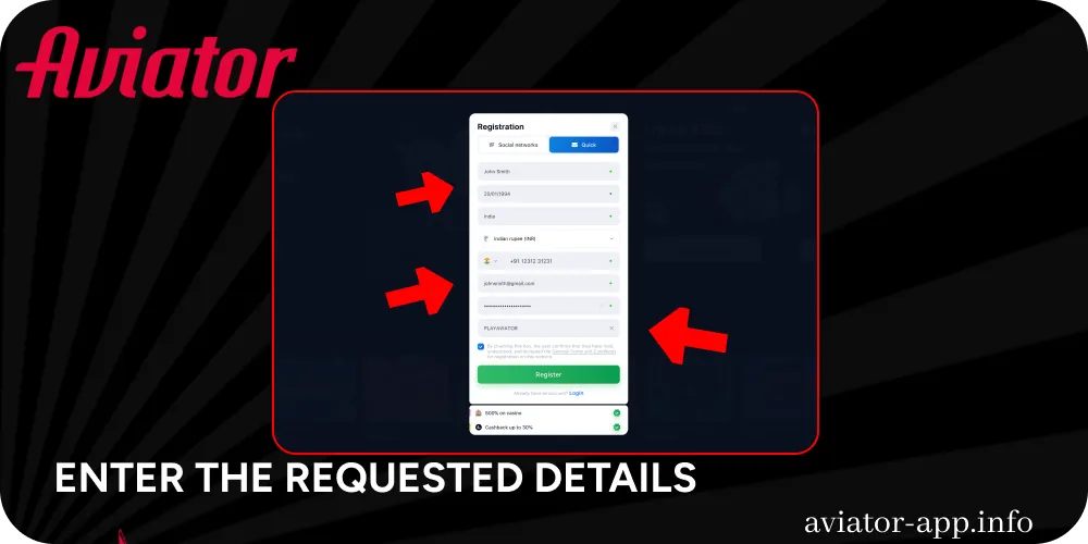 Enter the requested details for Aviator registration