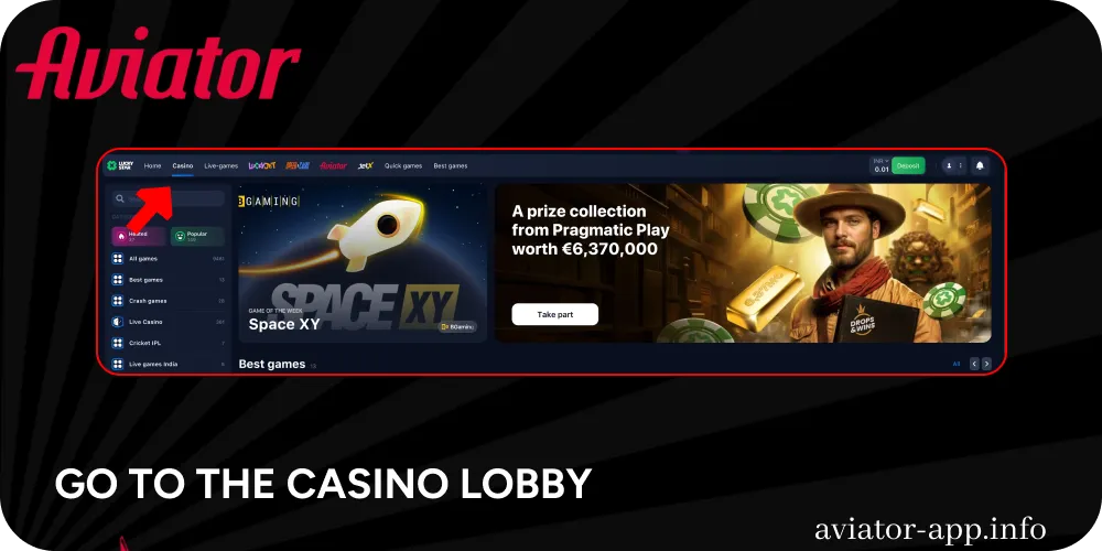 Go to the casino lobby to start playing Aviator