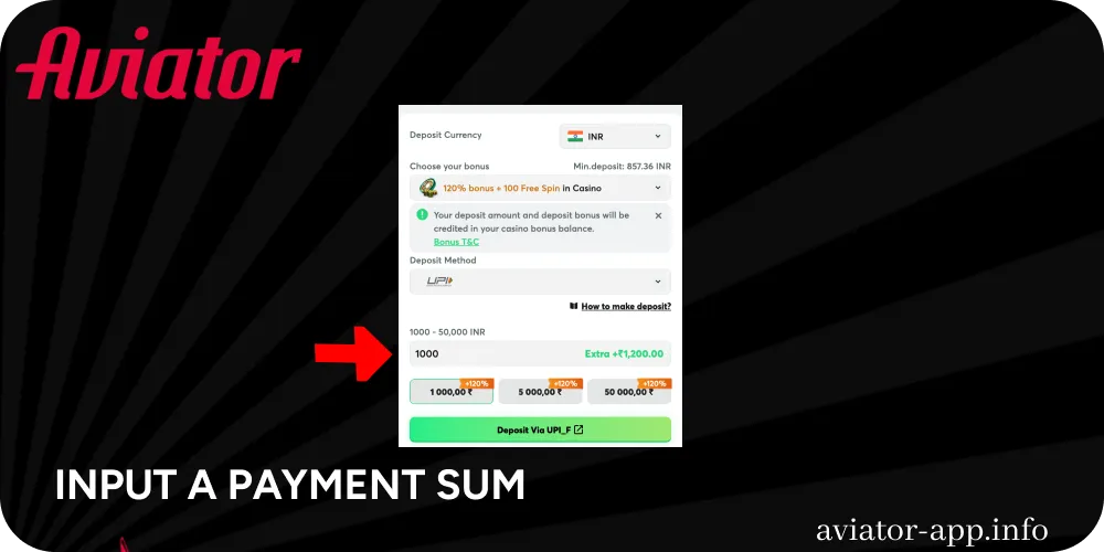 Input a payment sum you want to spend on Aviator game