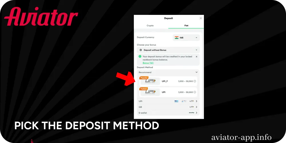 Pick the deposit method to top up your Aviator account