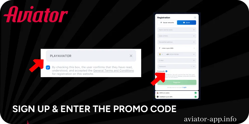 Sign up and enter the promo code to get an Aviator bonus
